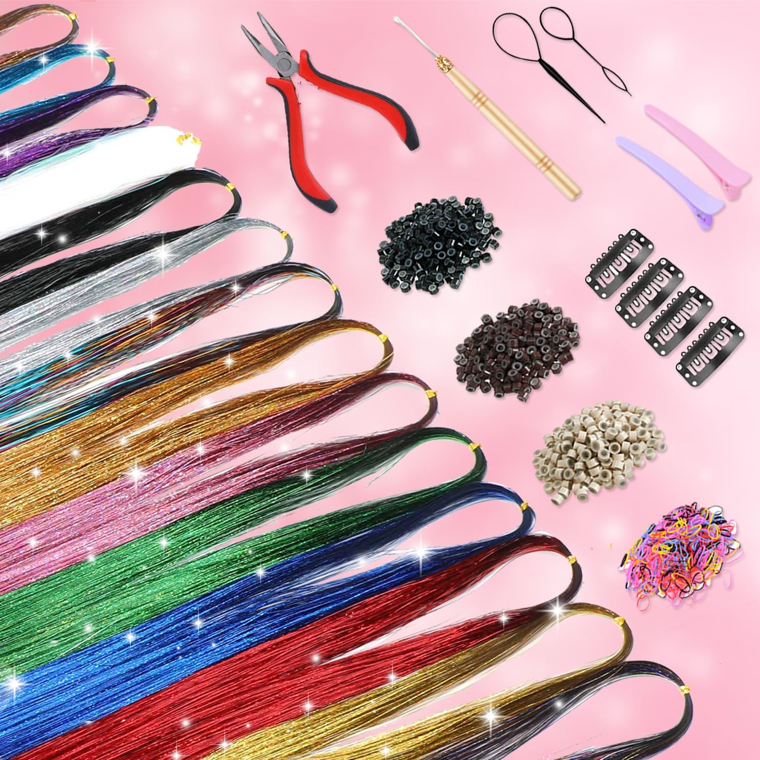 20 Colors Hair Tinsel Kit 4600 Strands 48in Heat Resistant Glitter Extensions