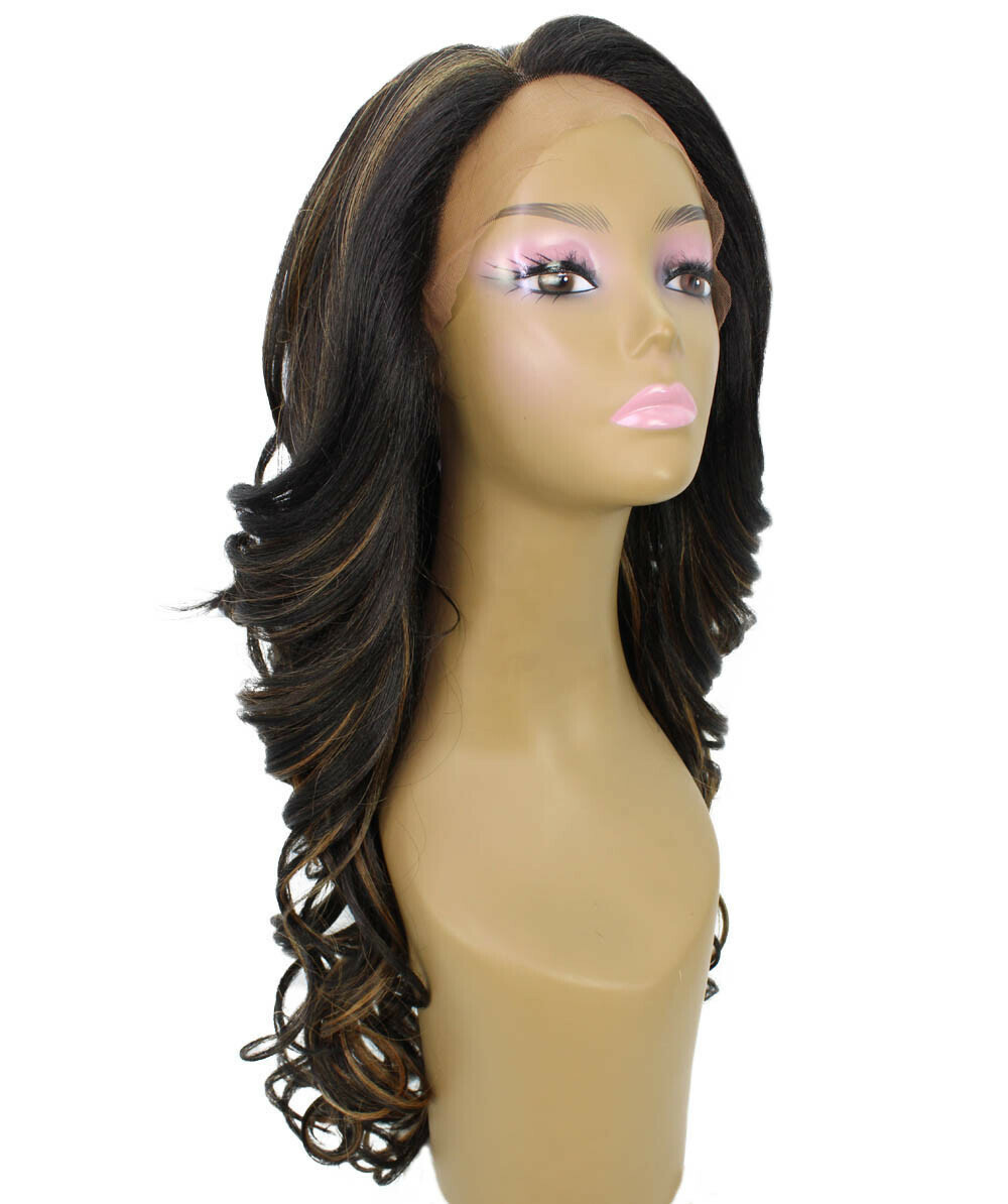 Kendra Wavy 24.5″ Long 13×2.5 Hand-Tied Lace Front,Black with Golden Highlights