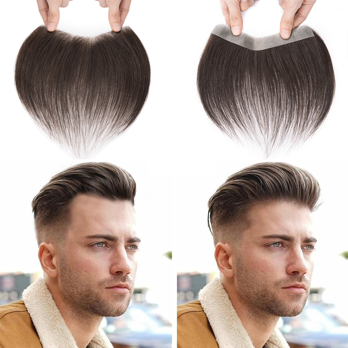 Mens Toupee Human Hair Replacement System V-loop Super Thin PU Skin Hairpiece US