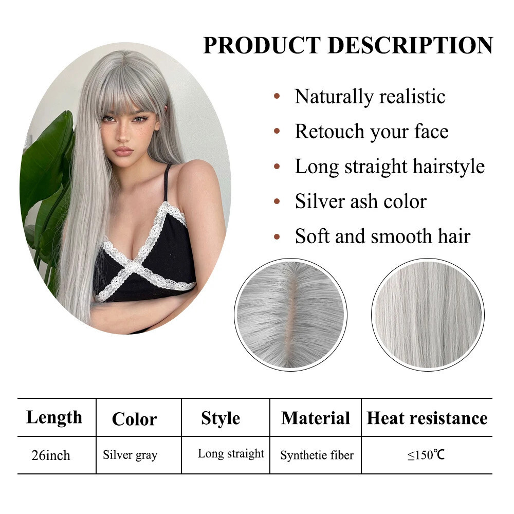 Silver Ash Gray Long Straight Synthetic Wigs Natural Hair with Bangs White Women