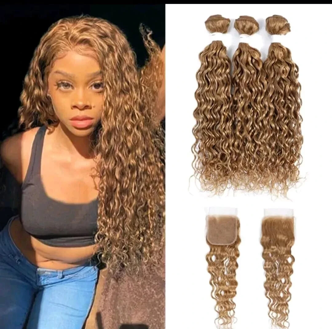 3BUNDLES +CLOSURE 16+18+20&16 PERUVIAN WATER WAVE PURE HONEY BLONDE 27# 350g 12A
