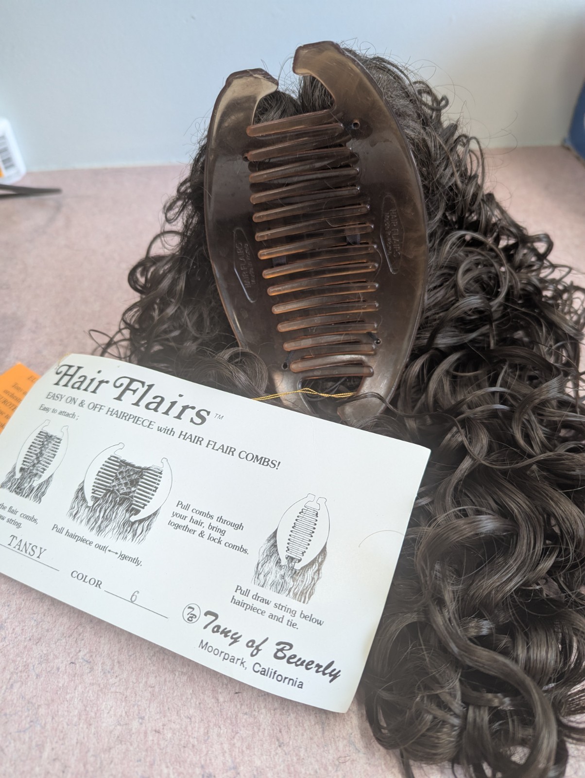 Tony Of Beverly Long Luxury Flair Comb Curly Hairpiece Color #6 Medium Brown