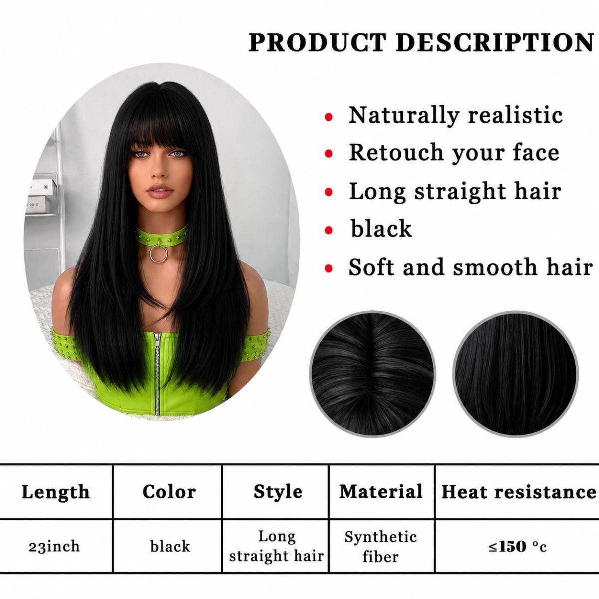 Cosplay Wig With Fringe Long Straight Natural Synthetic Hair Black