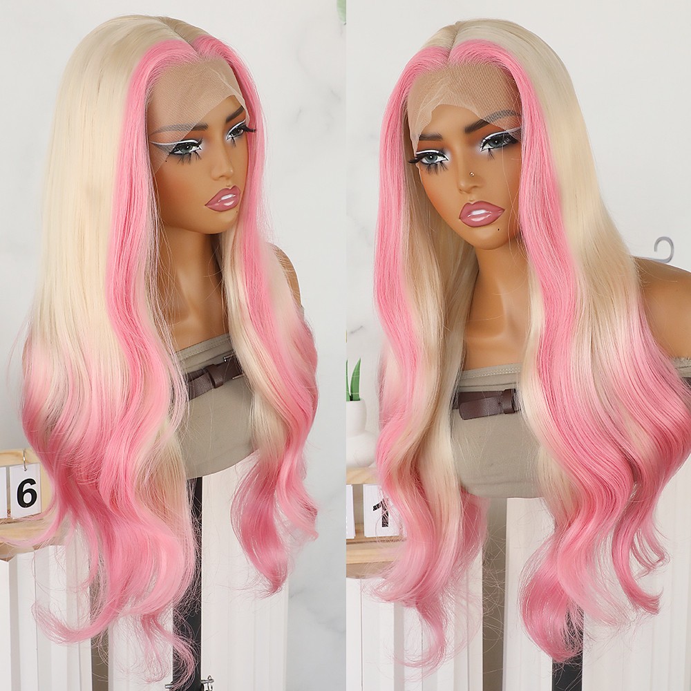 Pink Ombre Blonde Glueless Lace Front Wigs Body Wave Mixed Color Women Party Use