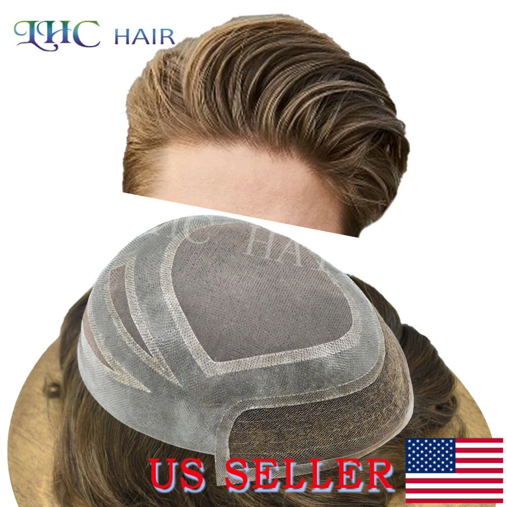 Mens Toupee Human Hair French Lace Front Natural Hairline Durable Hairpiece Wig