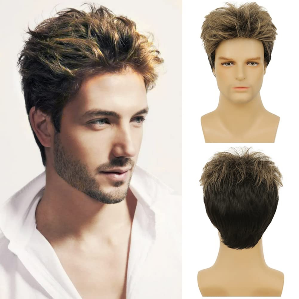 Blonde Mix Black Men Wigs Short Layered Wig for Male Guy Halloween Cosplay Pa…