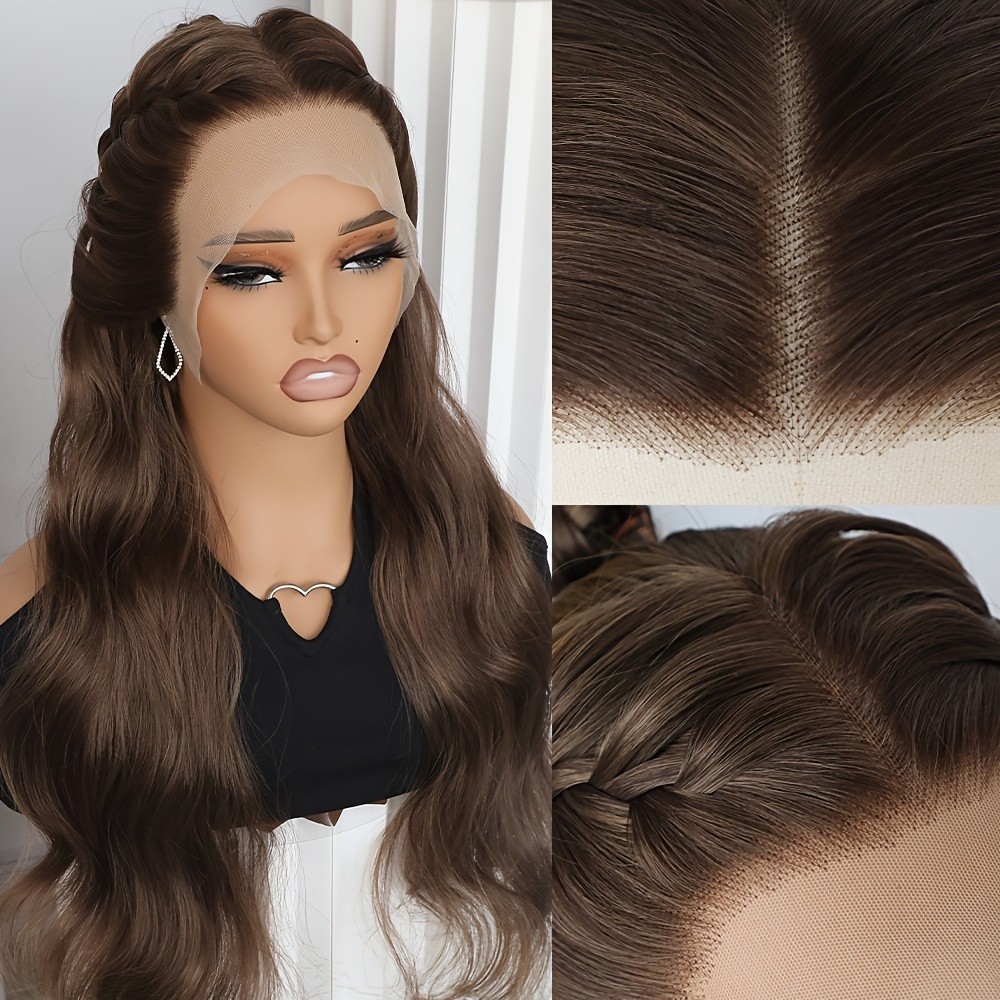 Long Wavy Synthetic Lace Front Wigs Pre Plucked Hairline Glueless Natural Brown