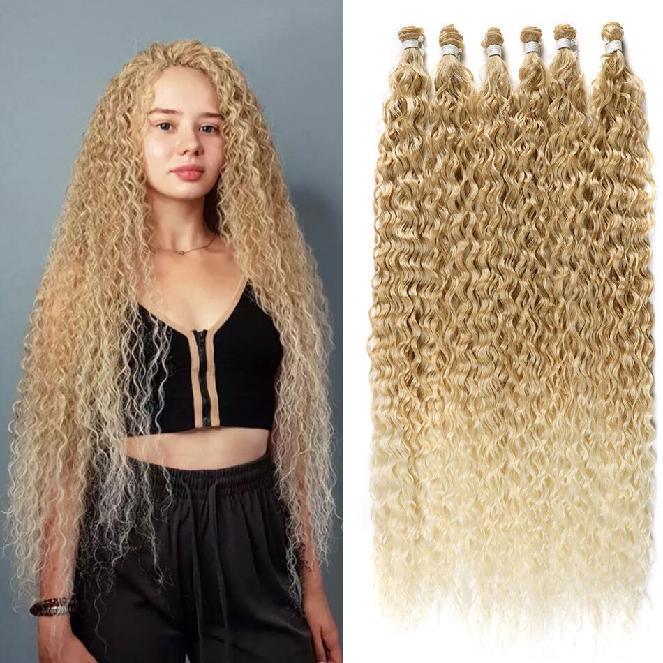 Curly Hair Bundles Synthetic Hair Extensions Blonde Two Tone Color Hair Weave