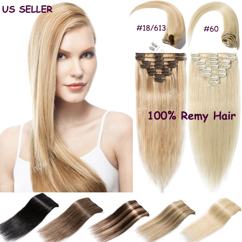 8 Pieces Clip in Extension 100% Real Remy Human Hair Extensions Full Head Blonde