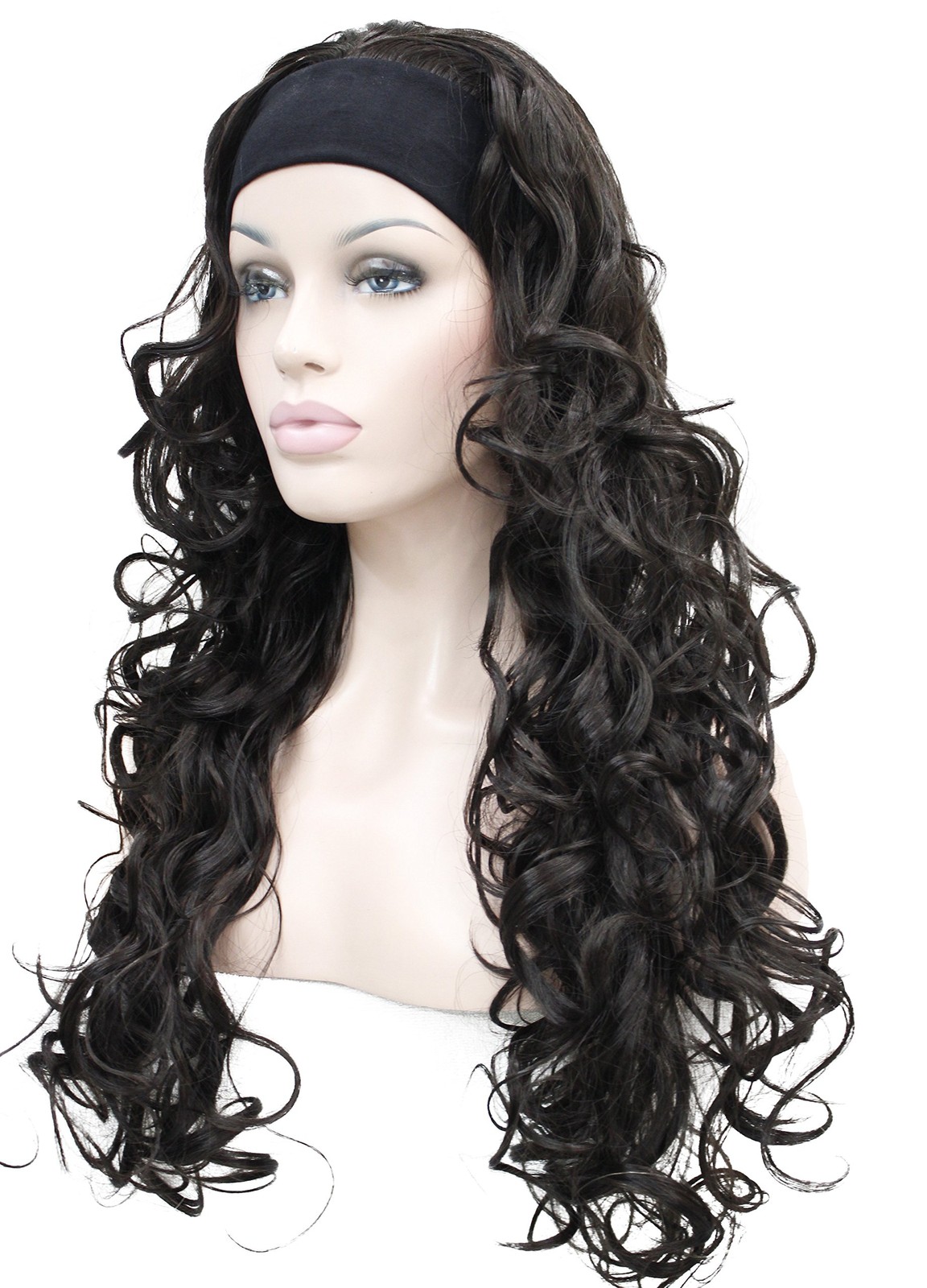 26 inch Long Curly Dark Brown Hair Premium Synthetic Women’s Wig 3/4 Half Wig…