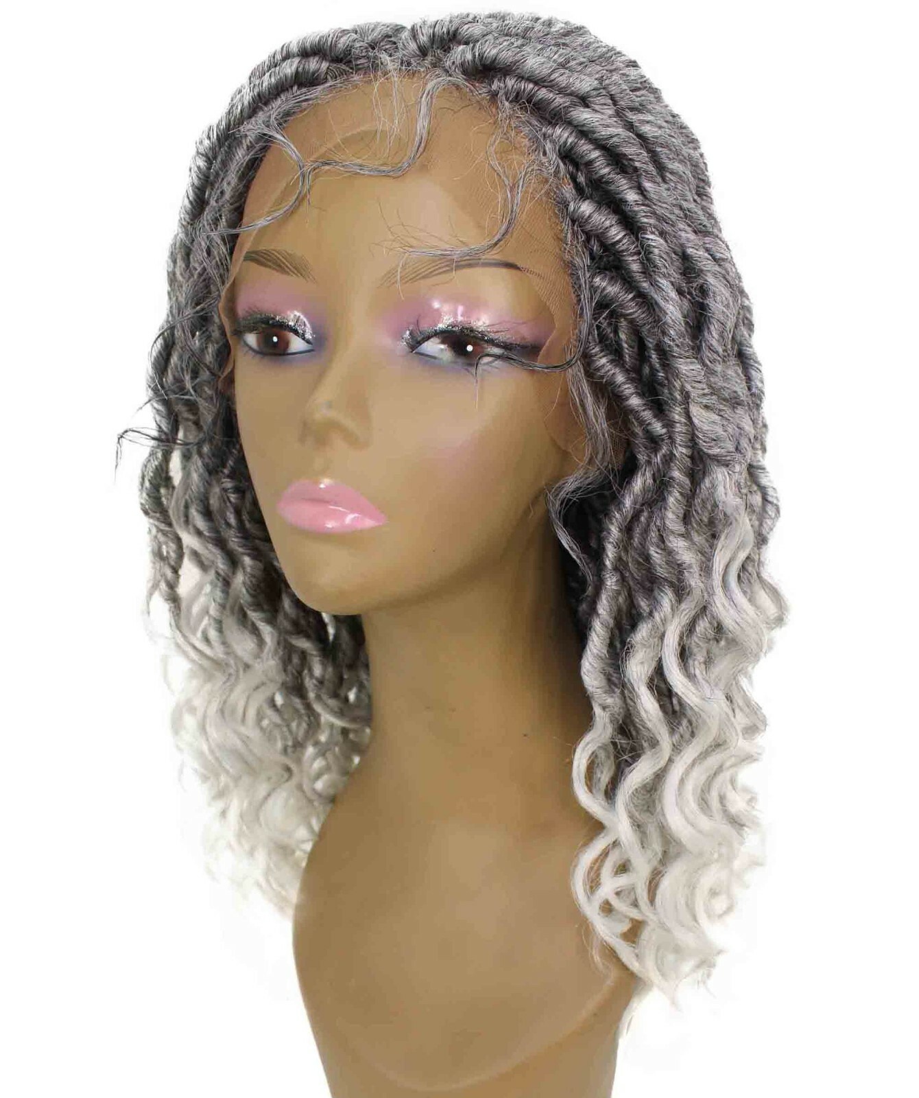 LUXLUXE Andrea 4×4 Curly Long 4X4 Hand Tied Lace Braid Black To White Ombre Wig