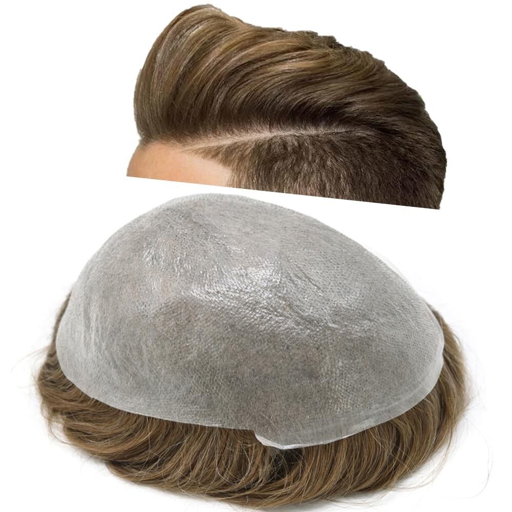 Mens Toupee Human Hair Piece Ultra Thin Skin V-Loop Men Hair Replacement System