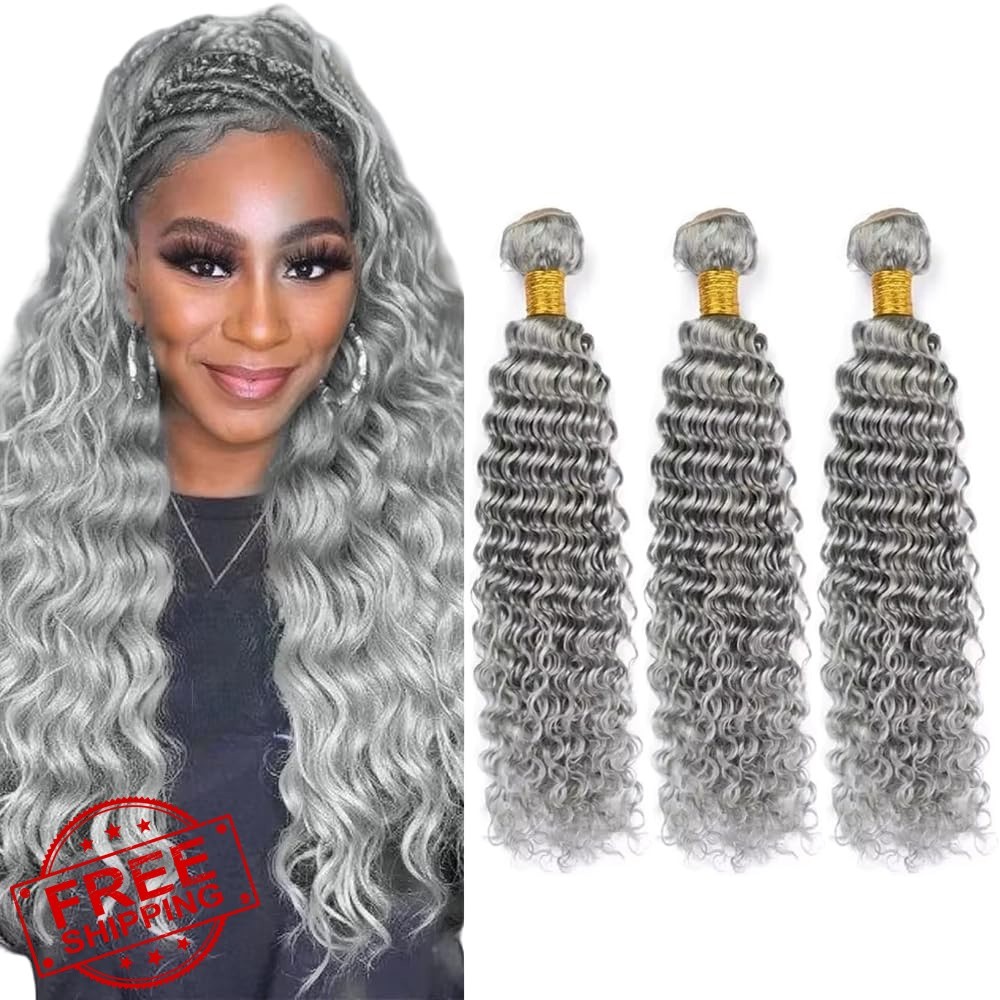 GtaiiReu Grey Human Hair Bundles 22 24 26 Inch Deep Wave
