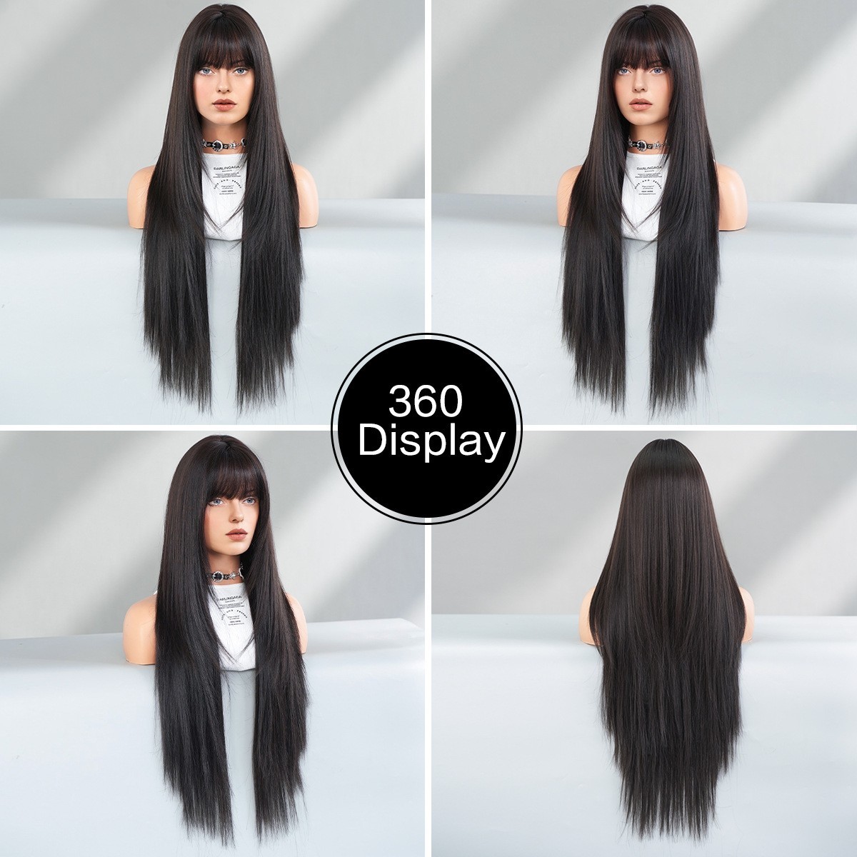 24in Black Super Long Layered Wig with Bangs for Women Girls Party Cosplay Daily