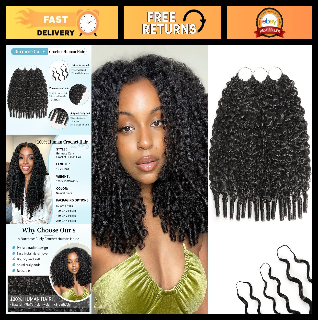 16″ Burmese Curly Crochet Hair Extensions for Black Women – 180g Pre-Separated B