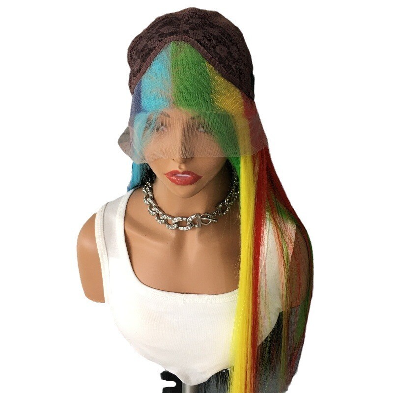 Women Long Straight Half Rainbow Wig Half Black Lace Front Wigs Heat Resistant