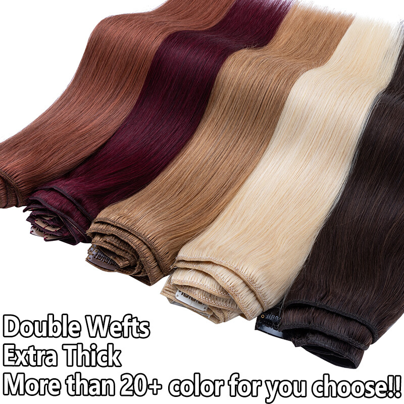 Full Head Clip In Remy Human Hair Extensions Double Wefted Thick 8Pieces 18Clips