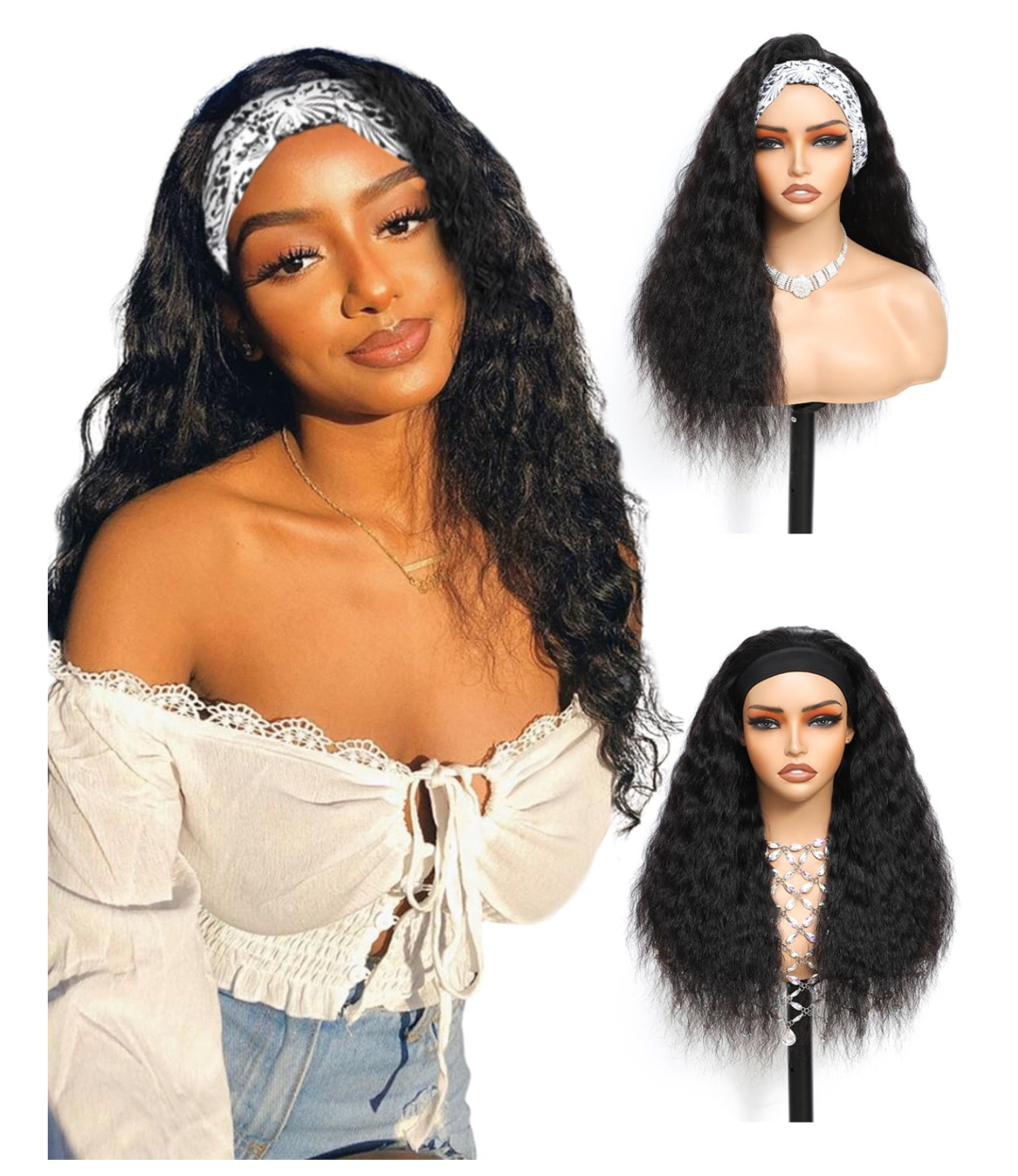 Headband Wig Human Hair Glueless Water Wave Natural Color 24 inch