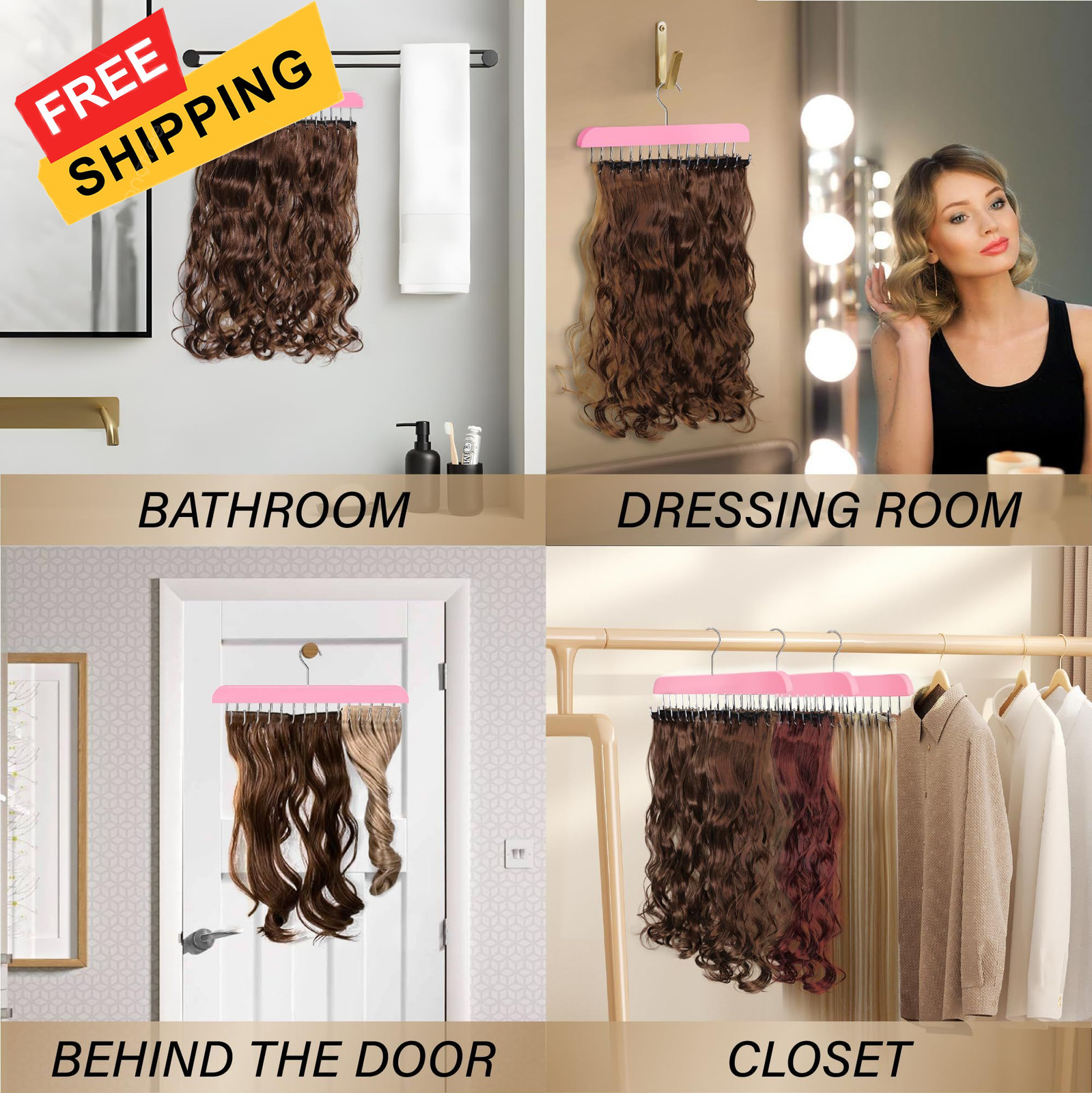 Hair Extension Holder & Hanger for Clip Ins – Weft Organizer 16 Inch, Pink