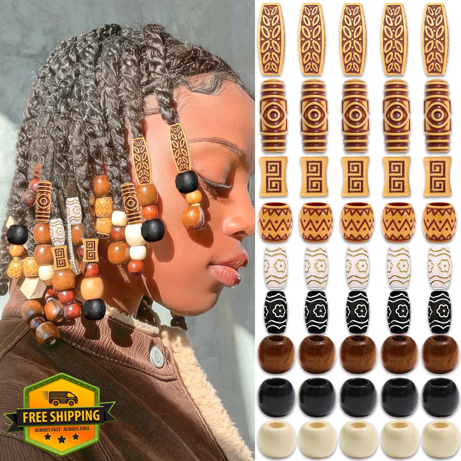 VENOFEN Wood Hair Beads Braids Large Round Multi