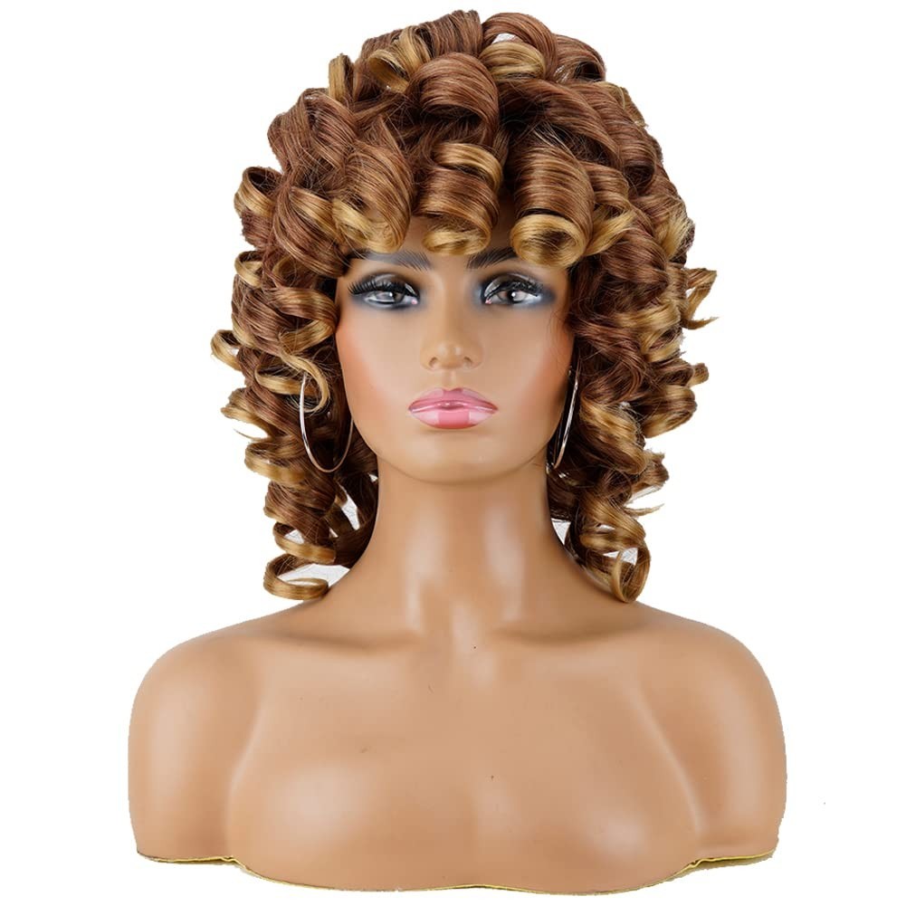 Short Curly Wigs for Black Women Soft Brown Blonde Big Curly Wig with Bangs A…