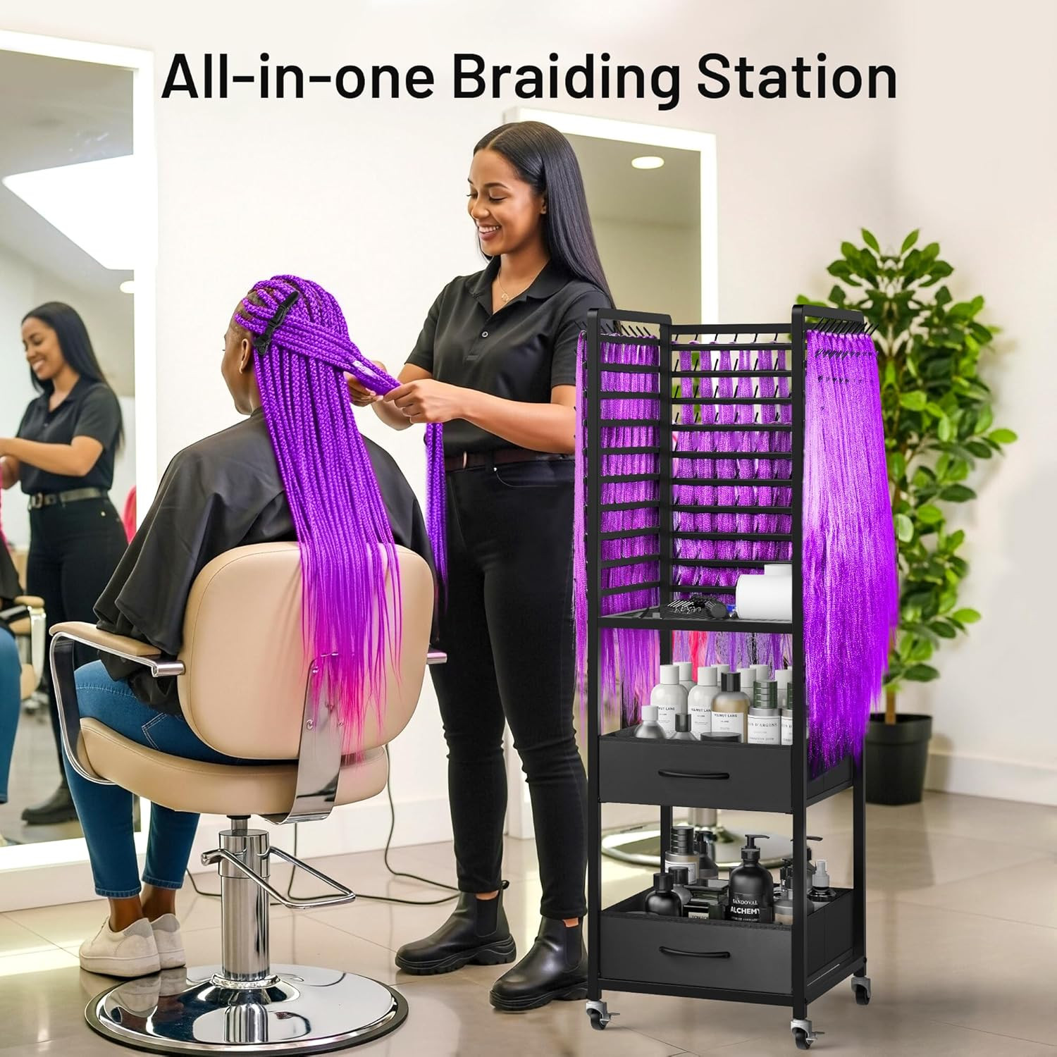 300 Pegs Braiding Rack with Large Drawers, 3-Sided Hair Rack with Wheels and 16