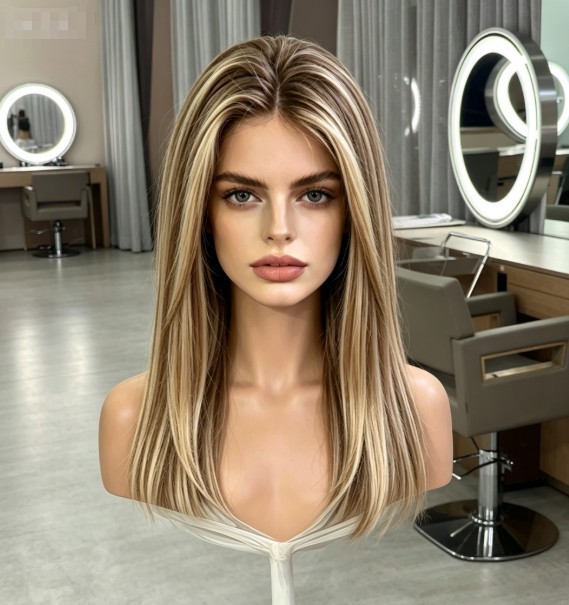 14inch Ombre Blonde Brown Highlight Human Hair Lace Front Wigs 180% Brown Roots