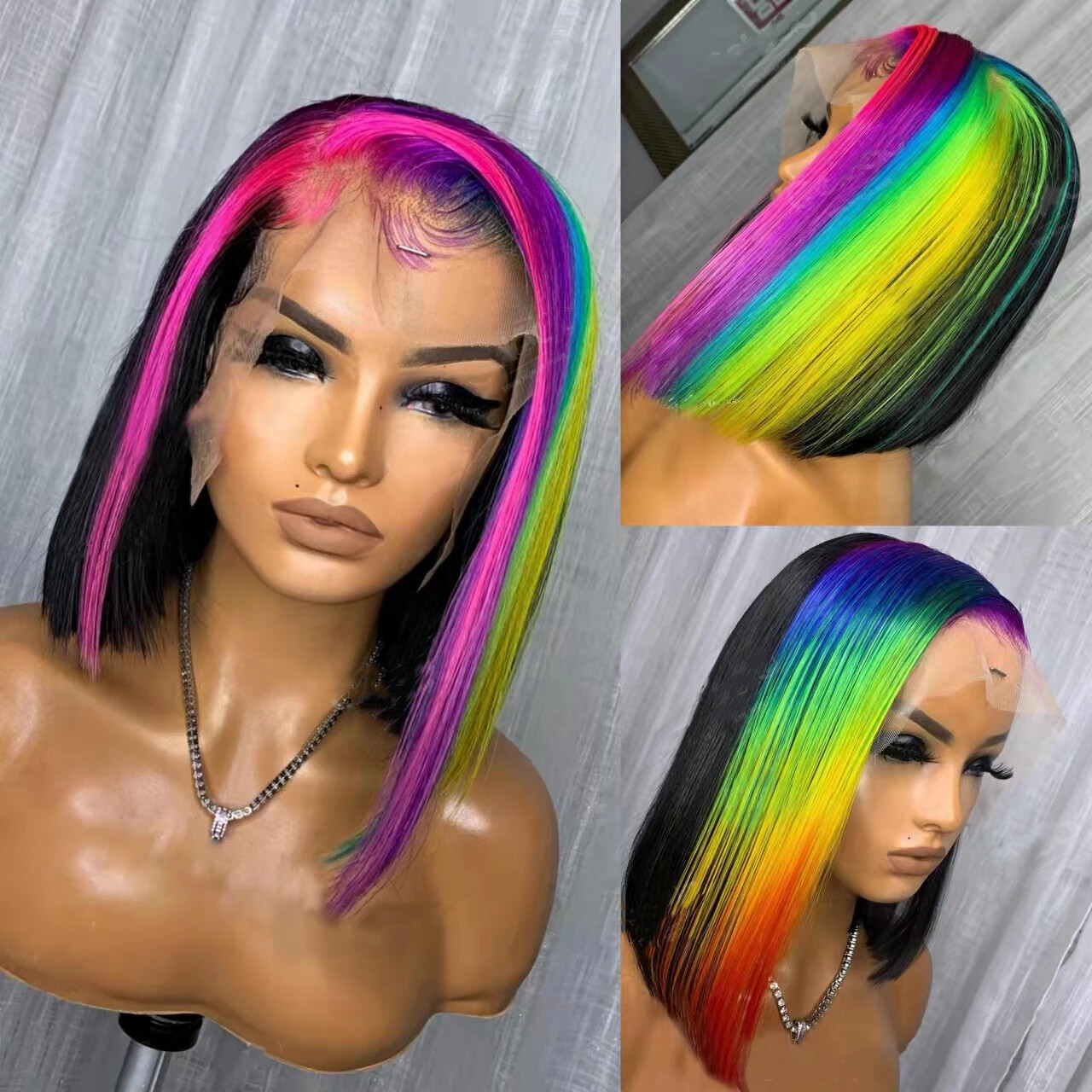 Half Black Blonde Red Half Rainbow Lace Front Wig Long Straight Synthetic T part
