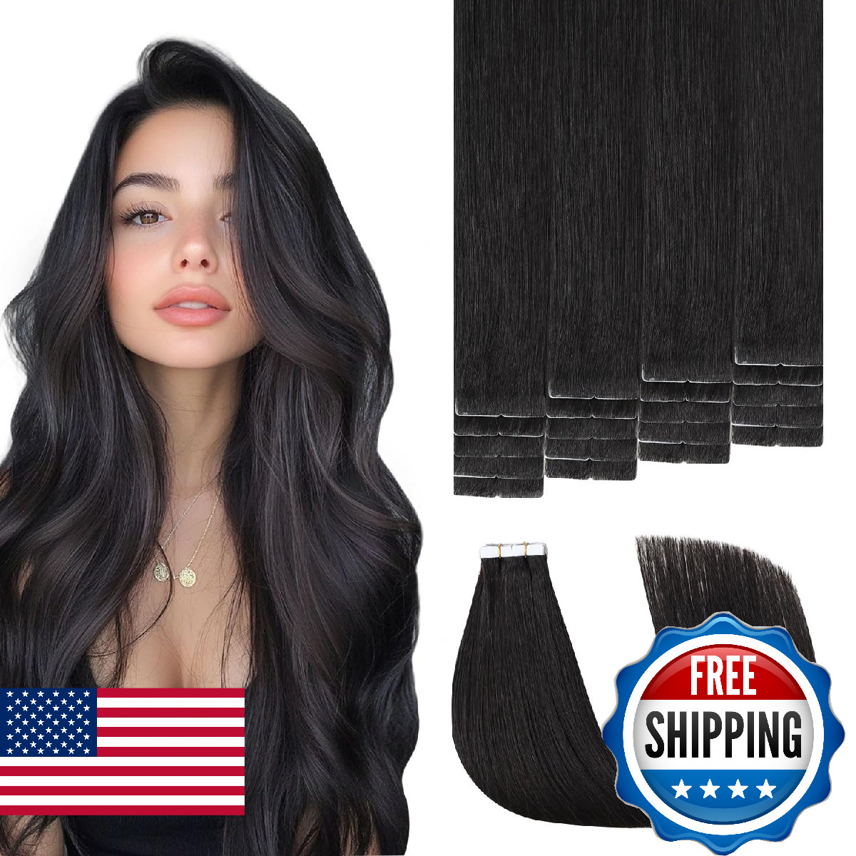 Sweetmet Invisible Tape in Hair Extensions Real Human Hair Pro3.0#1B Natural Bla