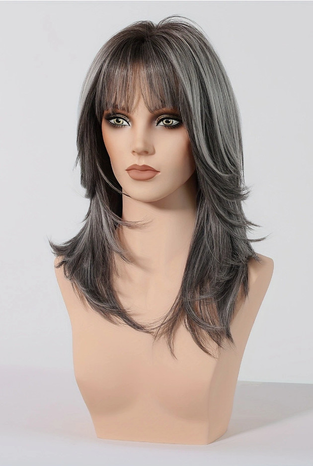 Women Grey Wig with Bangs Gray Micro Roll Medium Long Wig Wig