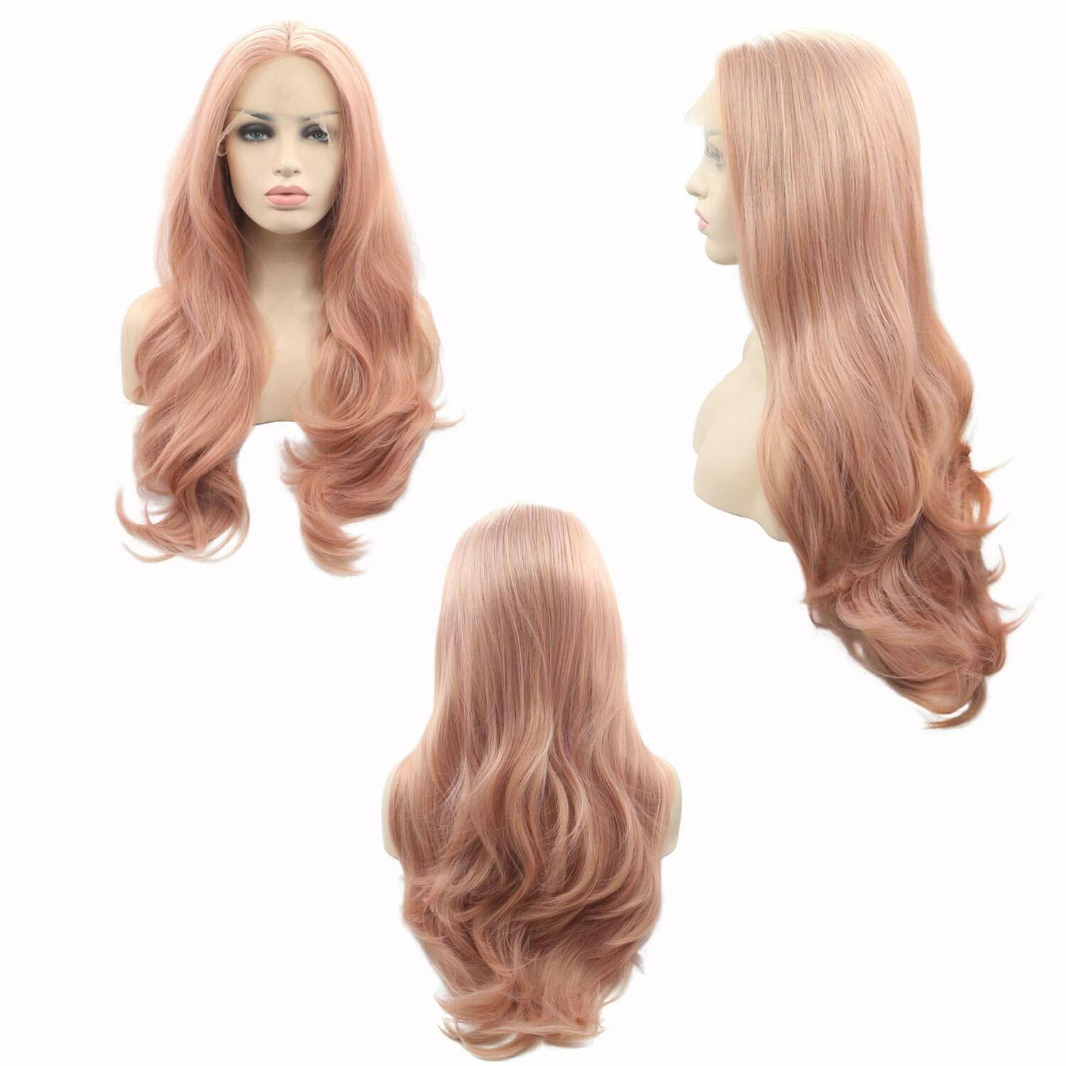 Pink Rose Gold Synthetic Hair Lace Front Wigs Fluffy Natural Wave Heat Resistant