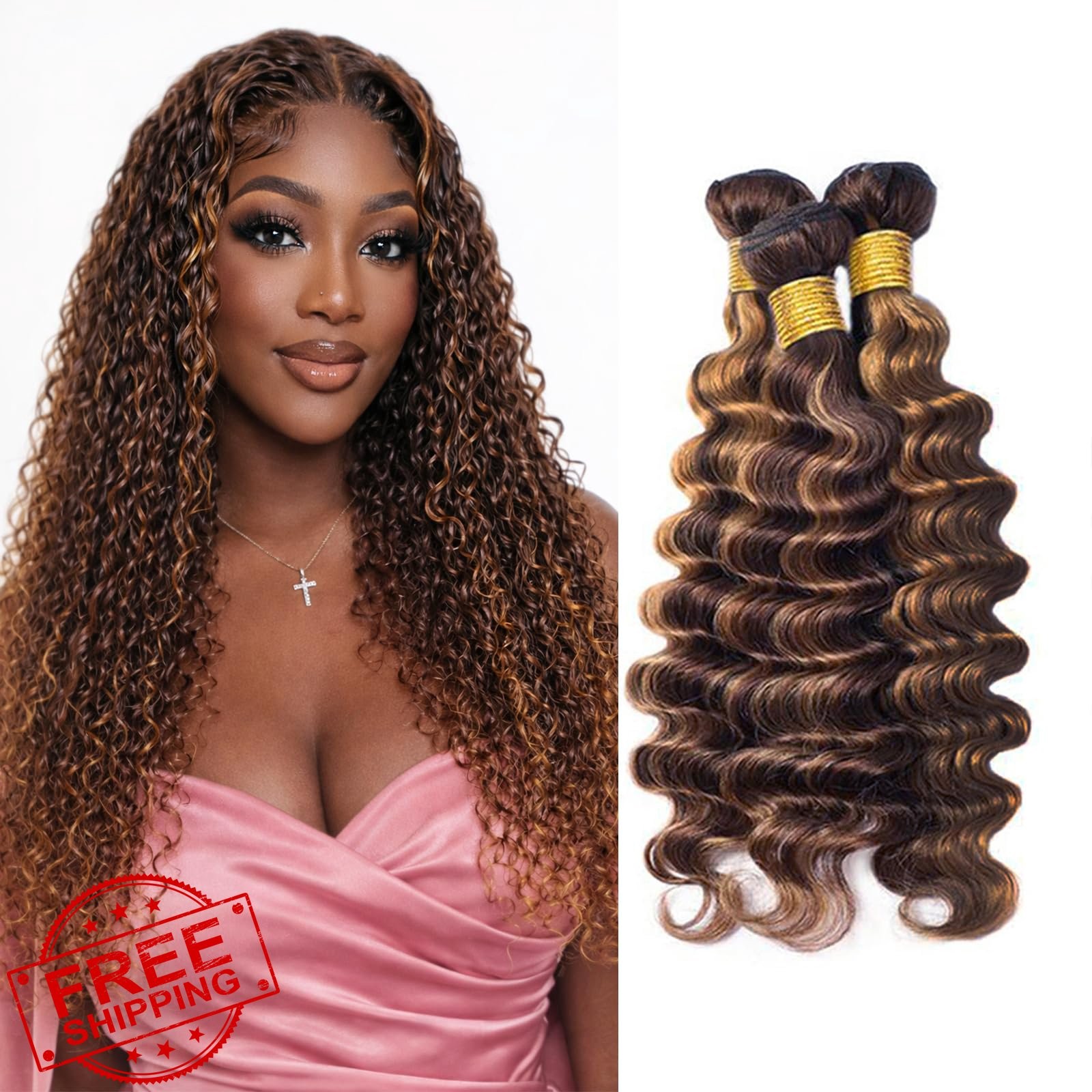 P4/30 Highlight Deep Wave Human Hair Bundles 22 24 26 Inch