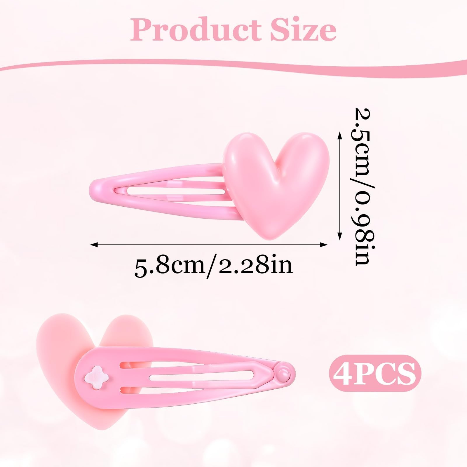 4 Pcs 2.28inch Snap Pink Heart Hair Clips Pins Accessory Metal Snap Clip Hear…