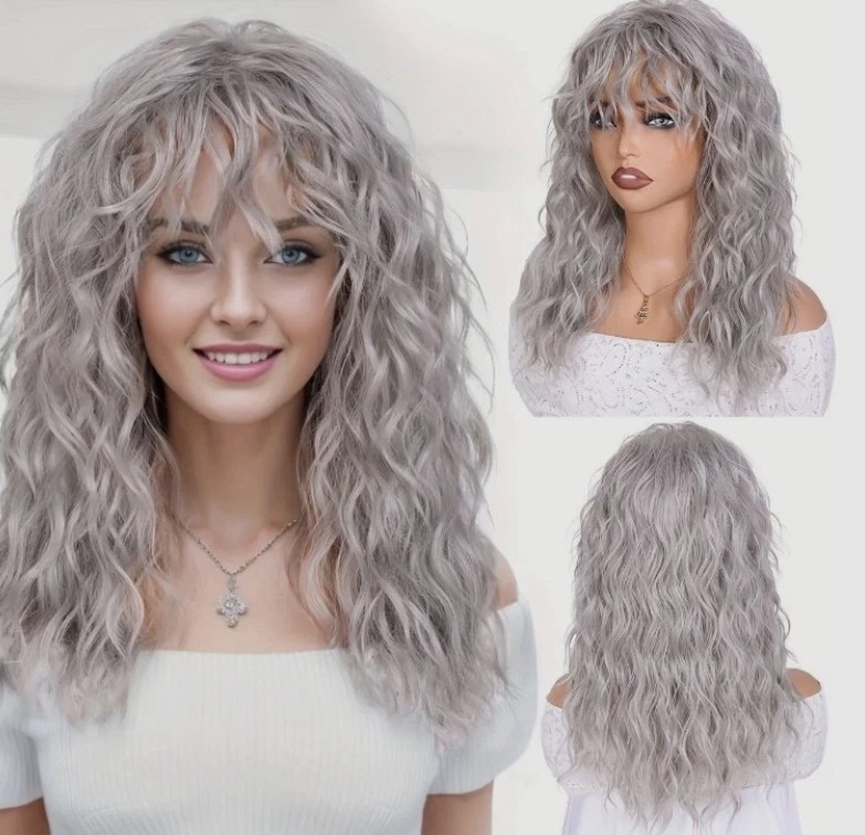 Curly Wig with Bangs for Women Long water wave Wigs with Bangs Gray Black Blonde