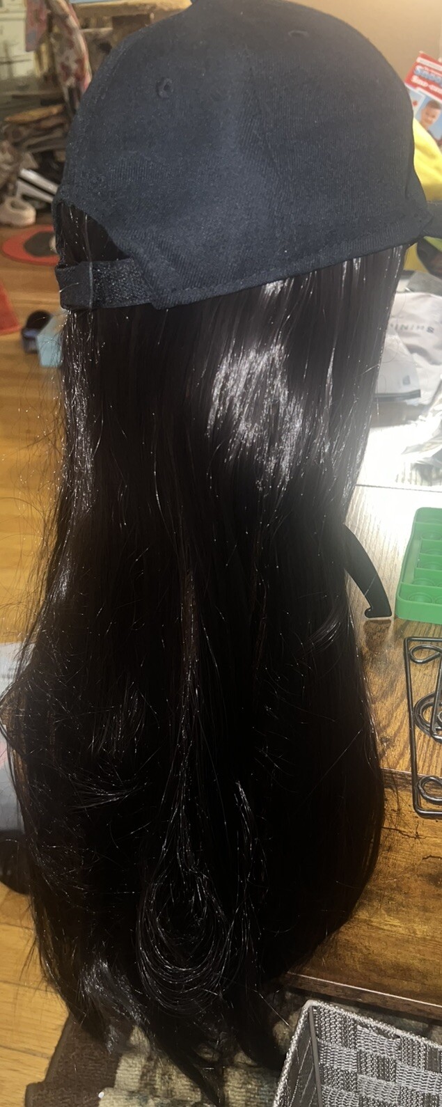 24” Long Straight Dark Brown Wig w/Baseball Hat