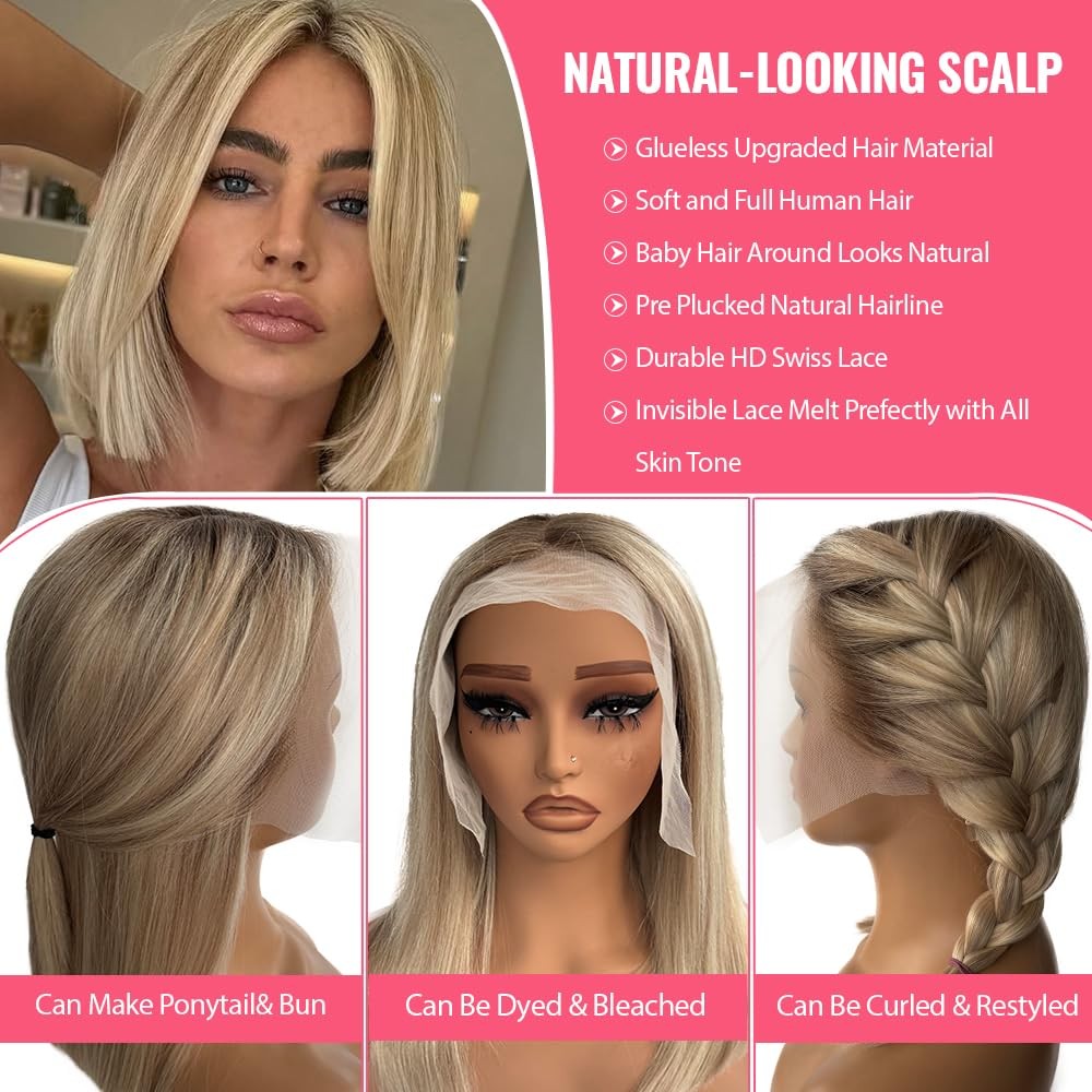 Smartinnov 13X6 Glueless Ombre Bob Wigs Human Hair Balayage Blonde Lace Front