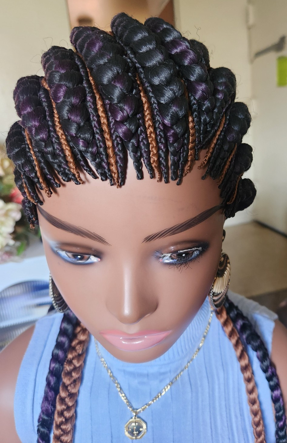 handmade Ghana banana cornrows wig All back down 1B mix dark purple/Dark brown
