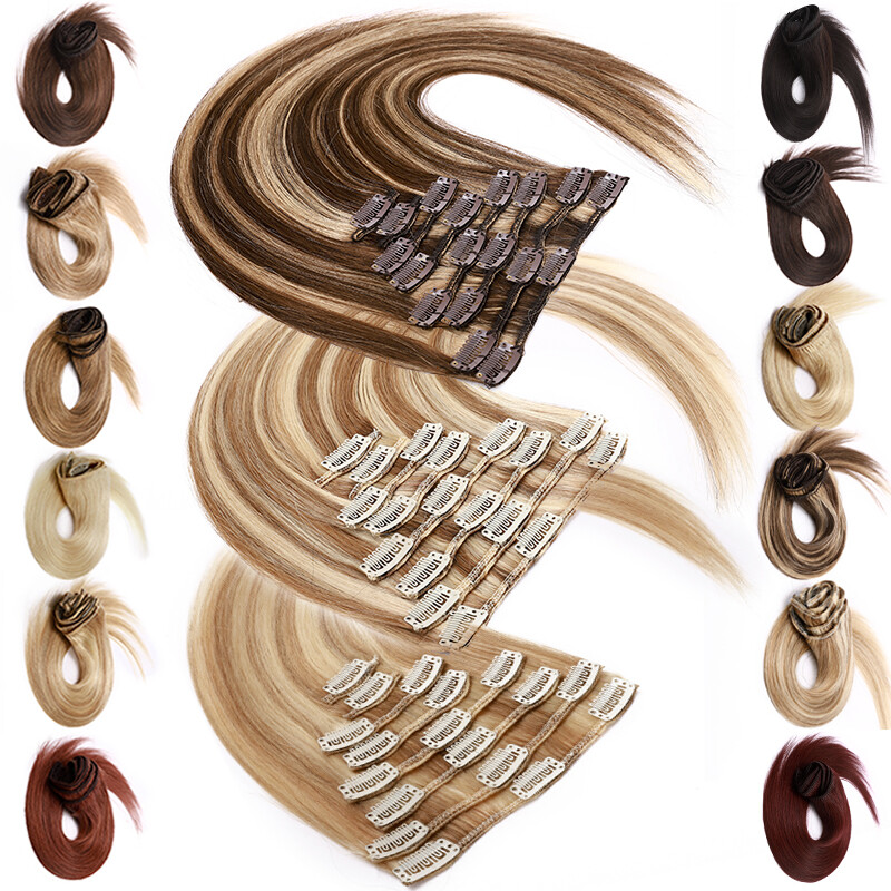 MARKDOWN Real Remy Human Hair Extensions Clip In 8pcs Full Head Long Short Ombre