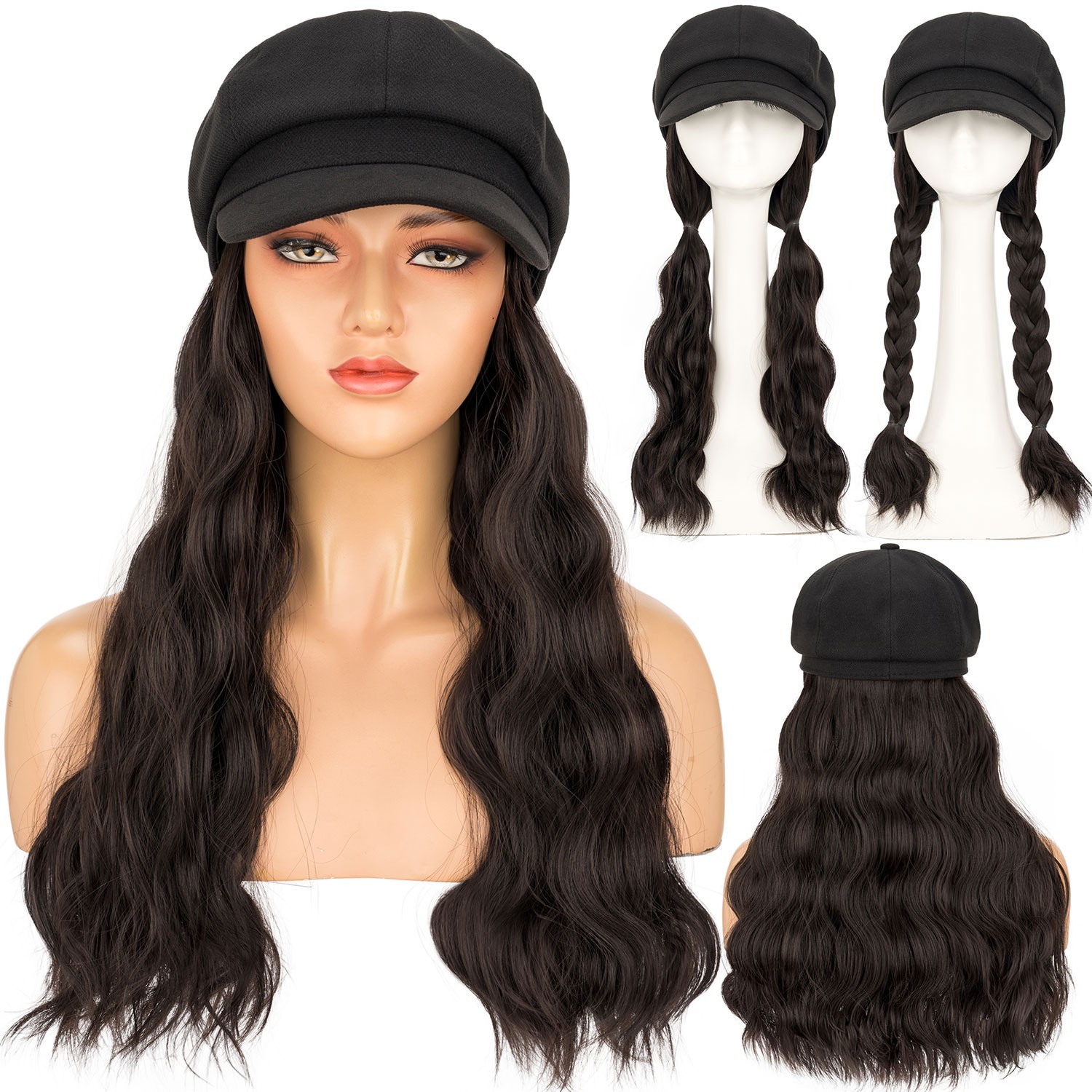 18 In Long Wavy Hair Extension With Attached Black Beret Hat Synthetic Hairpiece
