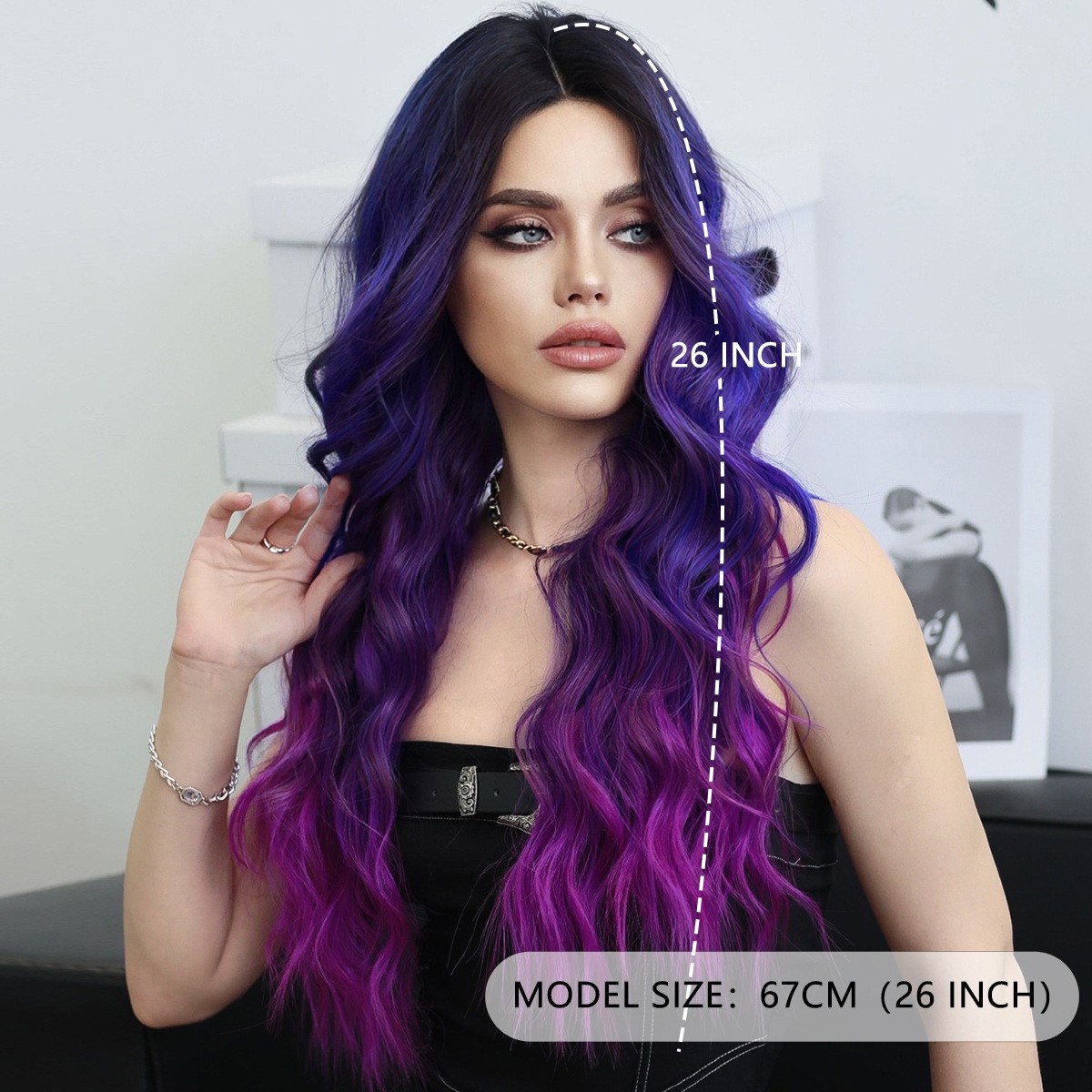 Small Lace Wig Synthetic Purple Blue Ombre Middle Part Wavy Full Head Wig For