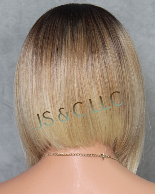 Lace Front Wig Straight Human hair blend Heat OK Blonde Dark Roots 2T27-613 LBY