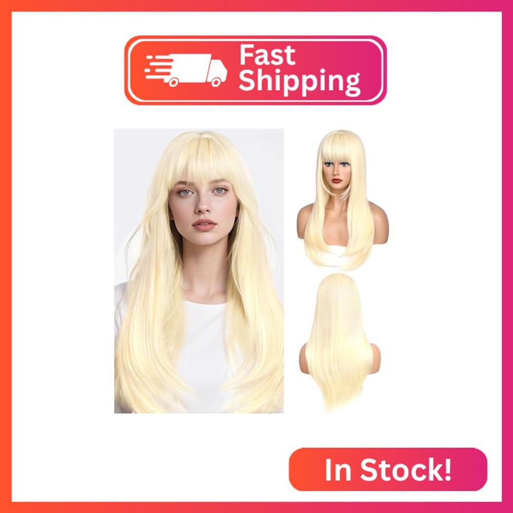 YUCCAHA Wig with Bangs Long Straight Wig for Women, Layered Heat Resistant Synth