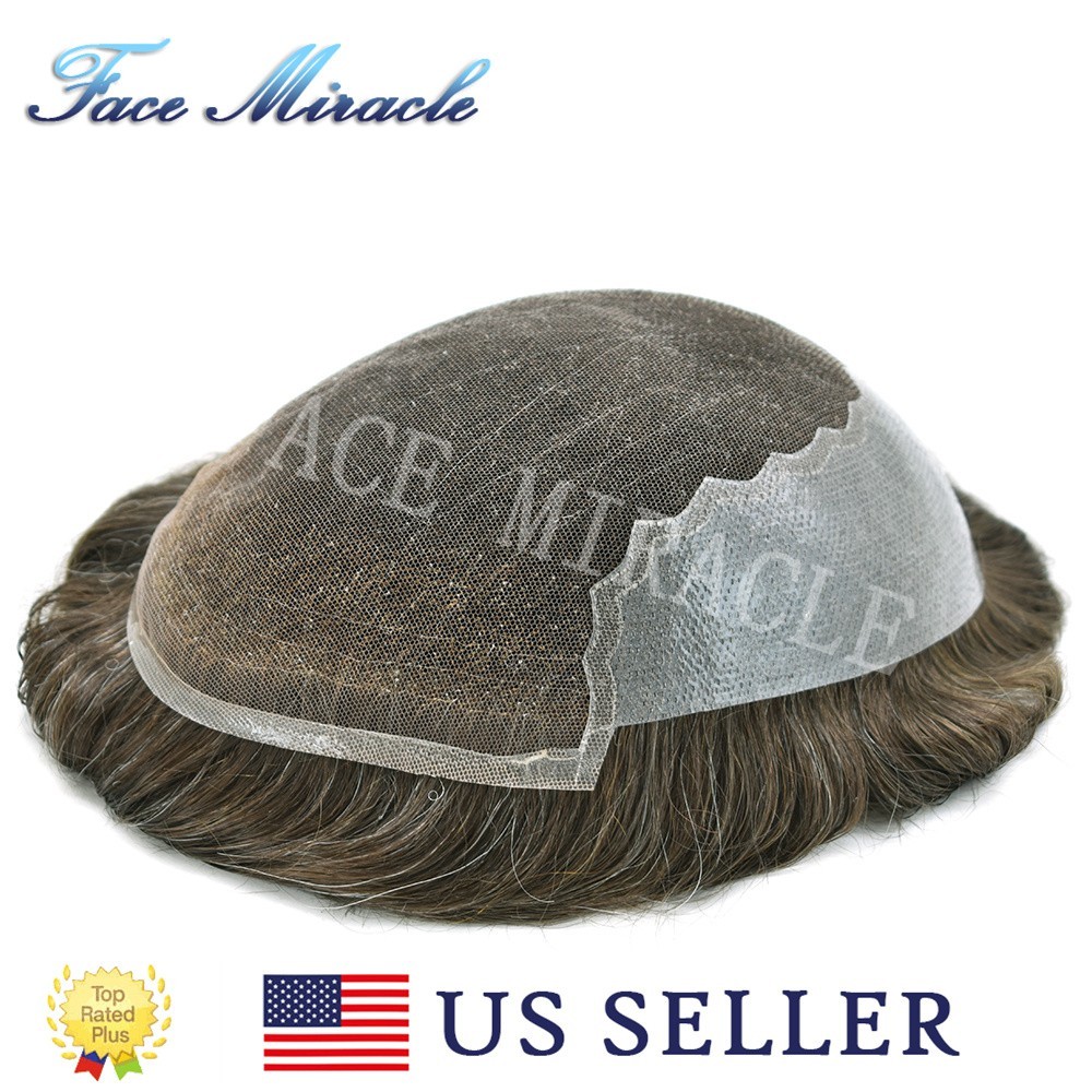 French Lace with PU Mens Toupee Human Hairpiece Natural Male Hair Prosthesis