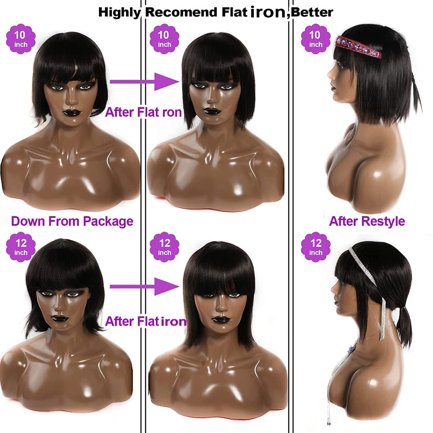 Short Bob Human Hair Wigs with Bangs No Lace Front Wigs Brazilian Straight Hair