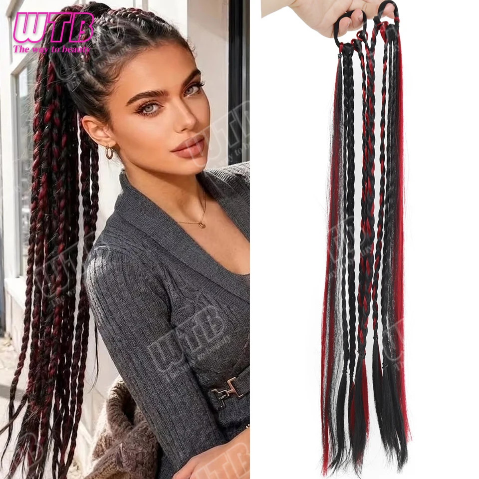 2PCS Elastic Band Braided Wigs Highlighted Synthetic Hairpieces For Women Daily