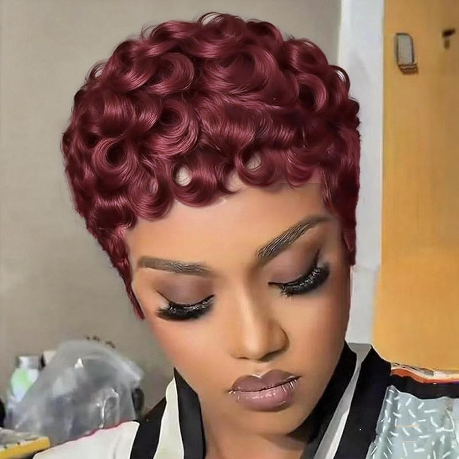 Short Curly Pixie Cut Wig Human Hair Burgundy Black Ombre 1B/99J
