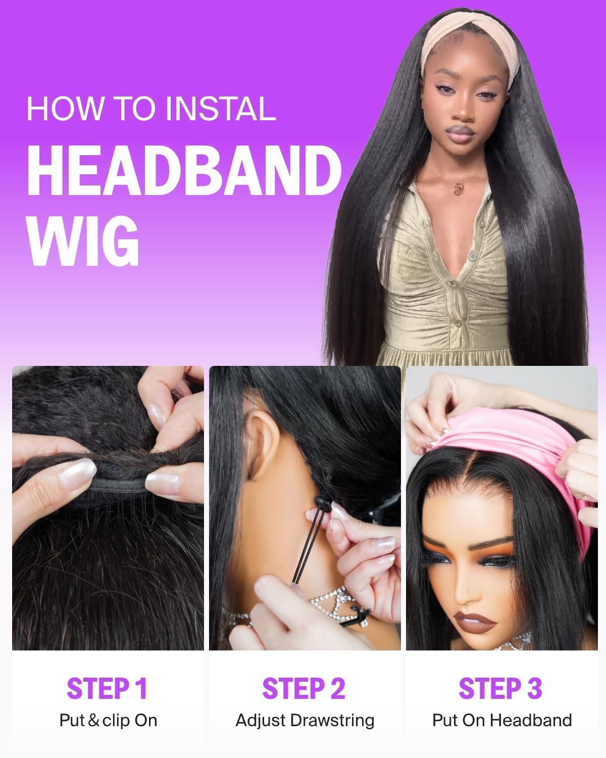 3 in 1 Half Wig Human Hair Yaki Straight Headband Wig Human Hair Seamless Cli…