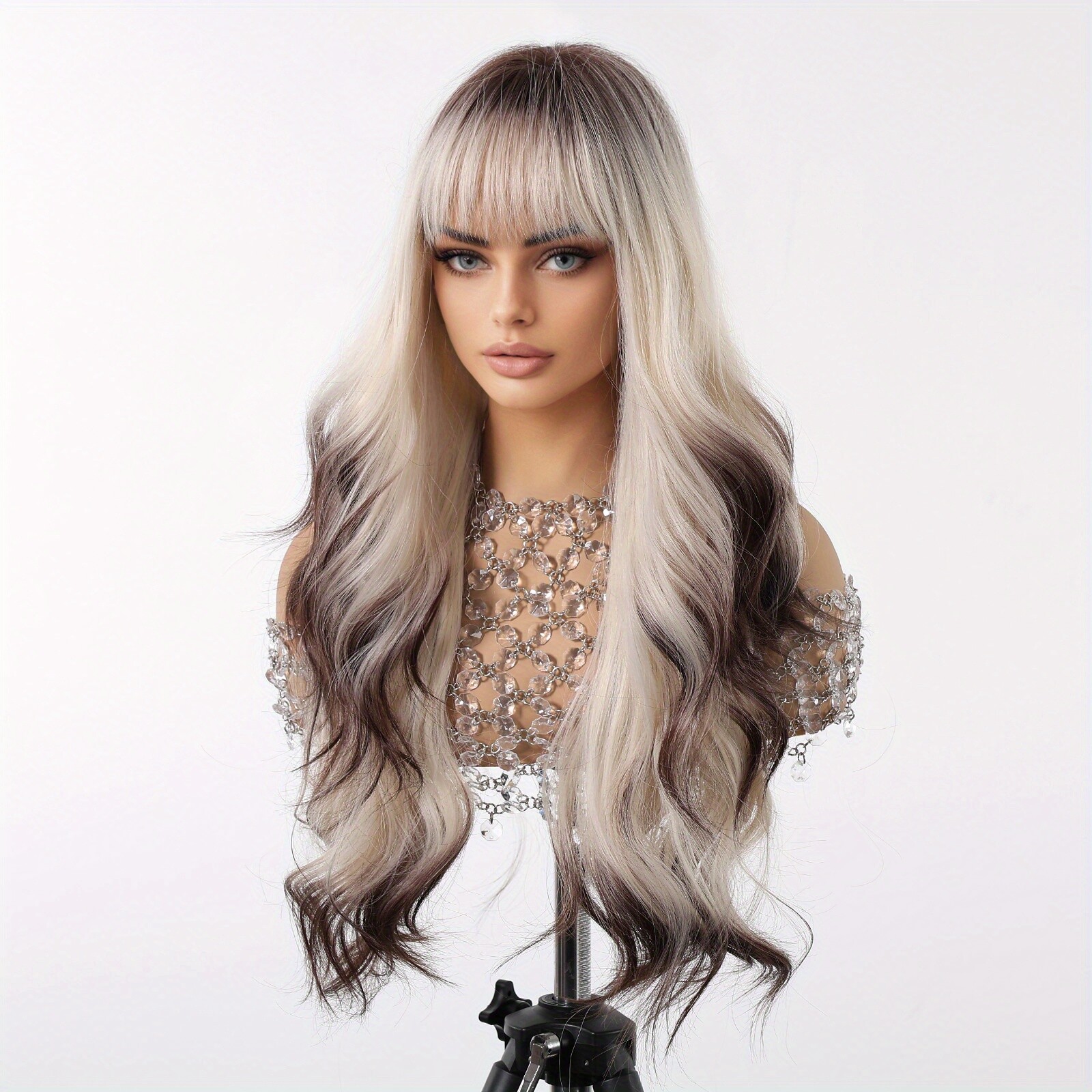 28 Inch Gradient Brown Wig with Bangs Women’s Blonde Mixed Brown Wig