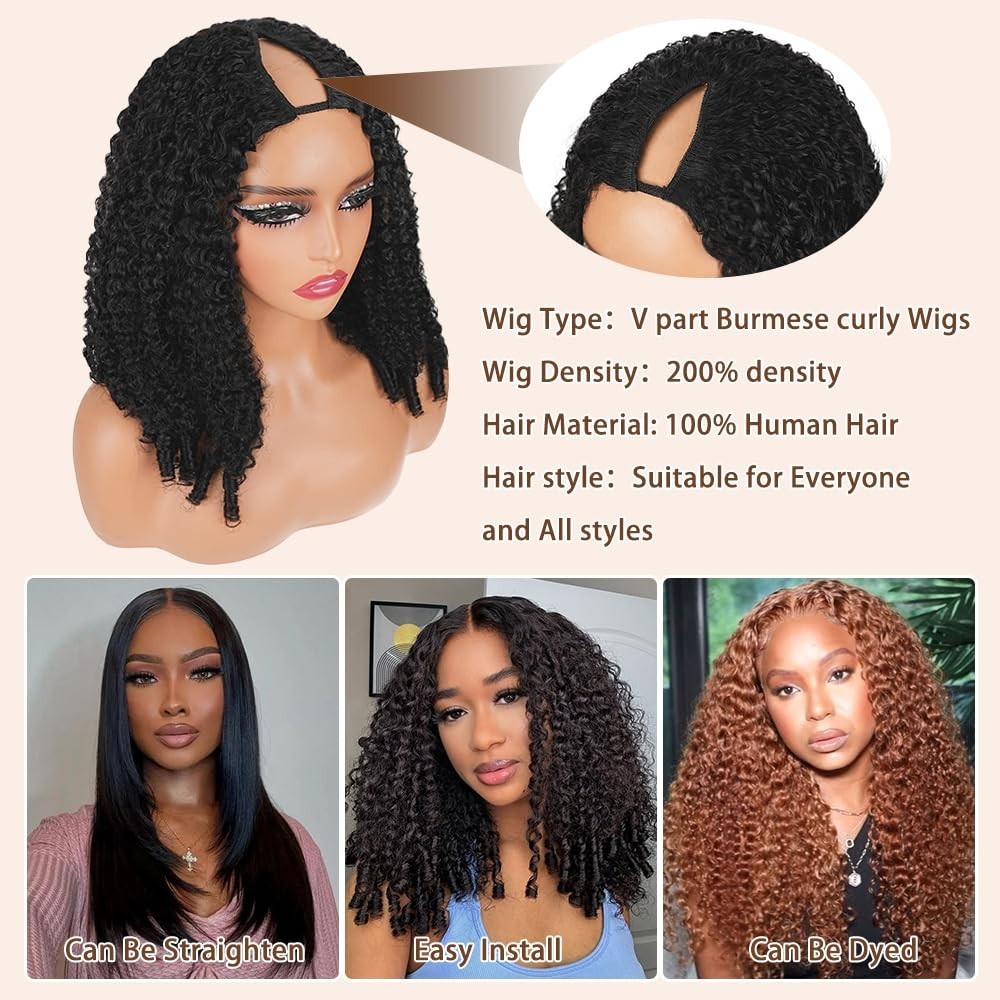 30 Inch V Part Curly Human Hair Wig – 200% Density, Glueless, Clip-In, No Leave