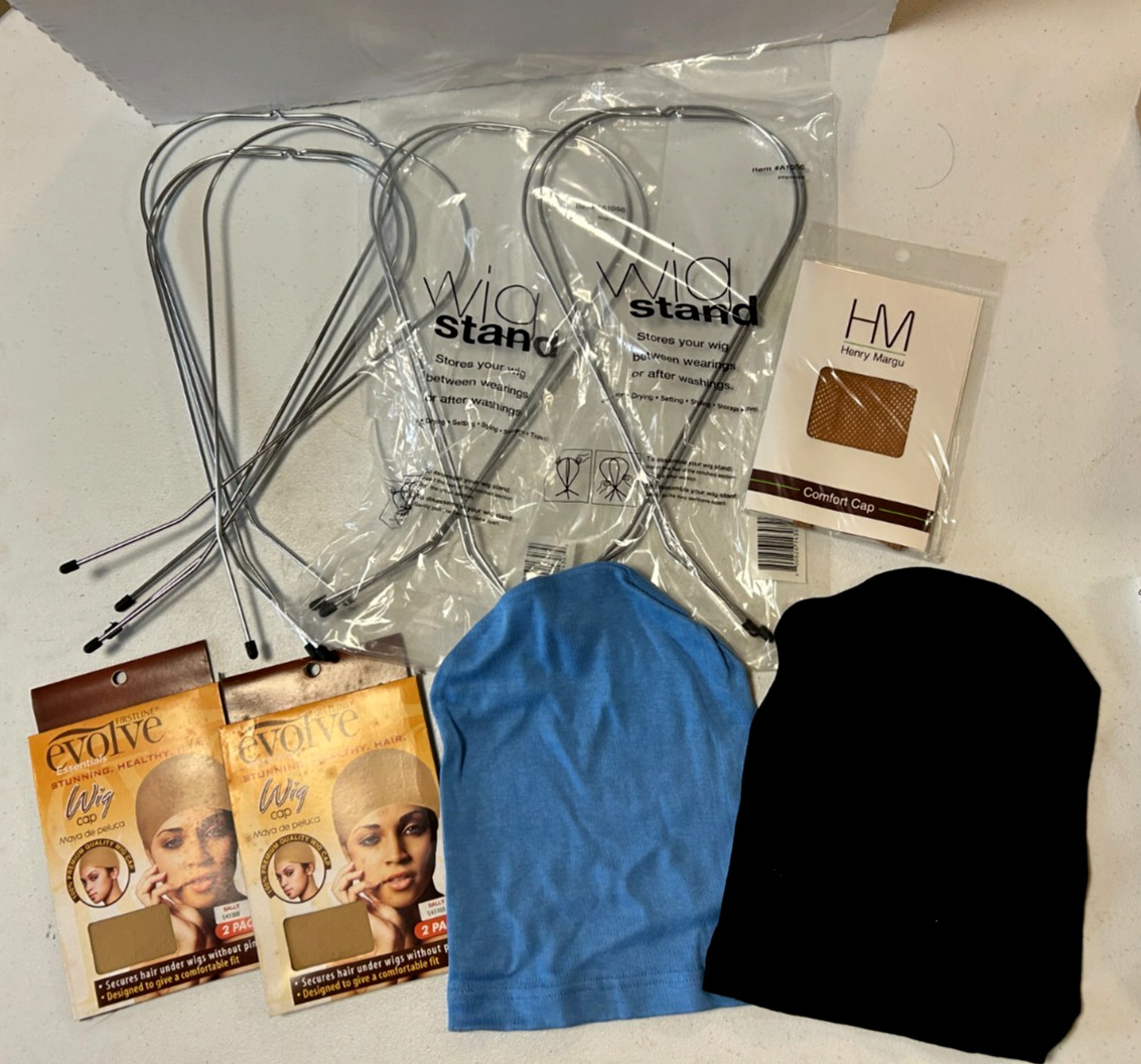 New Lot of 4 Metal Wig Stands and some Comfort Caps & Hair Care Cloth Caps